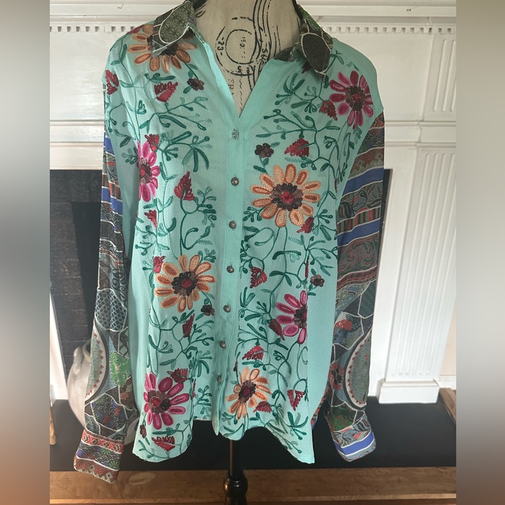 John Mark Teal Floral Long Sleeve Blouse - Picture 13 of 16